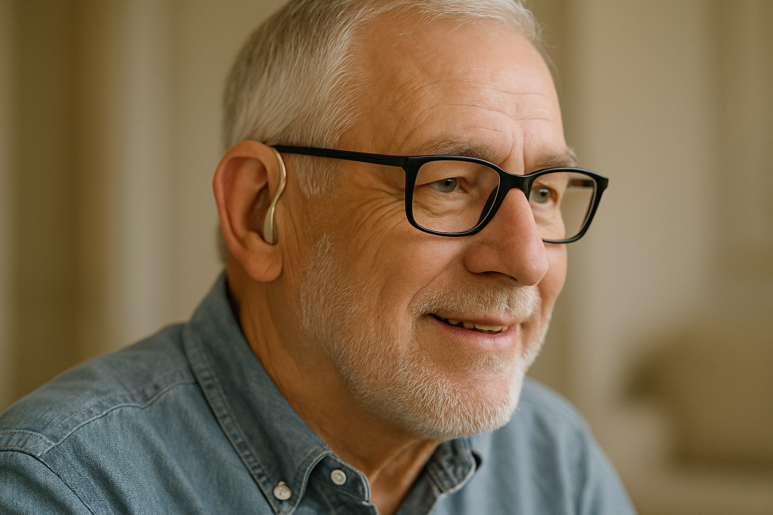 EIn Mann mit Brille in Kombination mit Hörgerät im Ohr